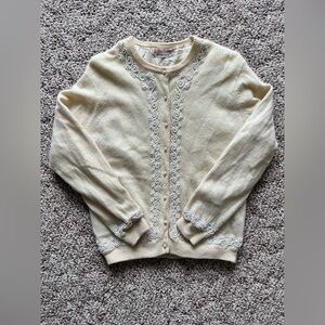 Vtg 50s Fuzzy Beaded Lambs Wool Angora Rabbit Hair Preppy Coquette Cardigan - M